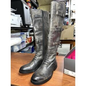 Vince Camuto Fenton Riding Boots Size 7M Davys Gray Two-tone Calf Buckles Laces